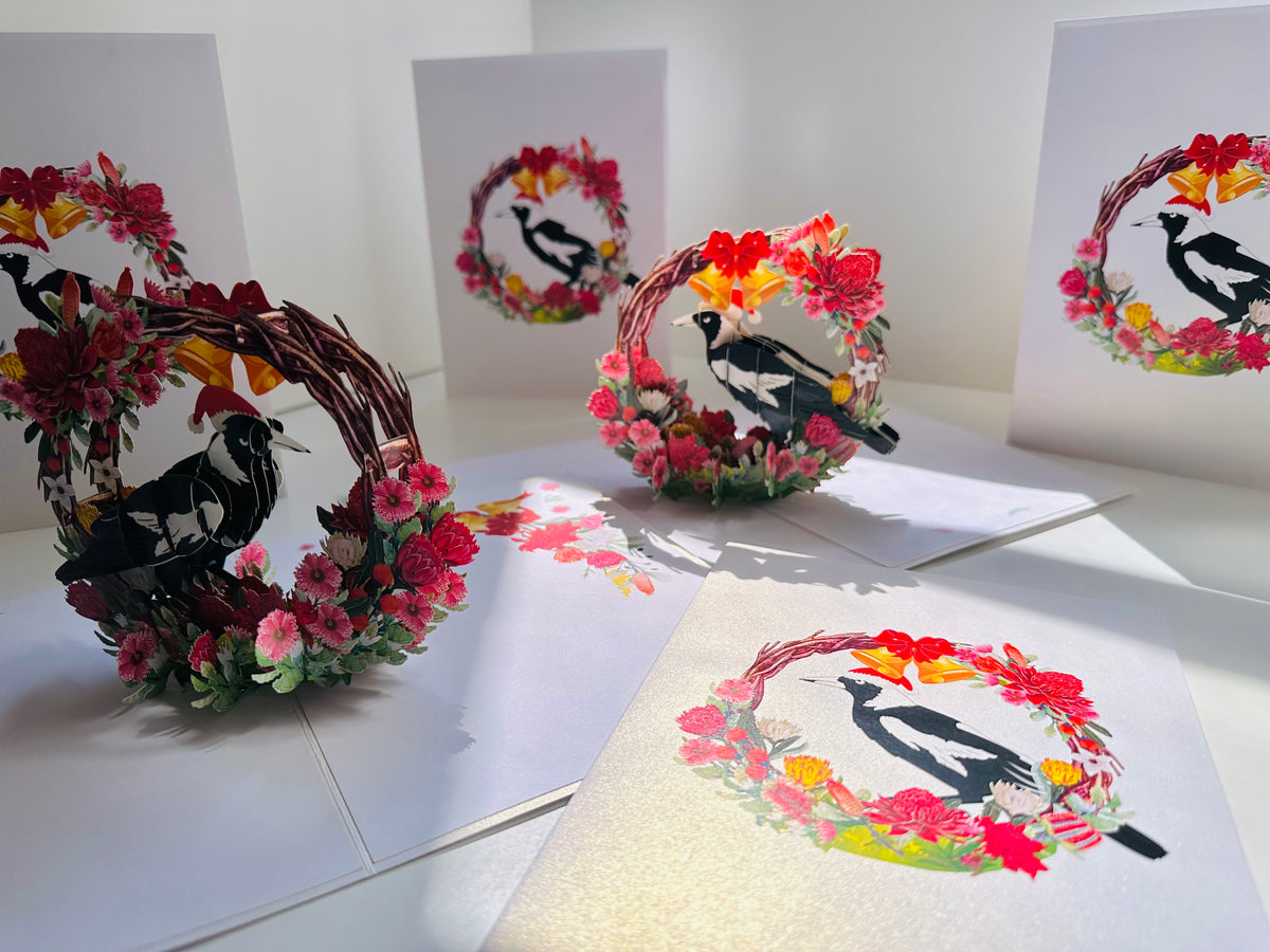 Merry Christmas Australian Magpie Bird & Native Flower Wreath Origami Pop Cards 3D Pop Up Greeting Card Merry Christmas Thank You Handmade Best Wishes Blank Card Gift Happy Holidays Celebrate the Special Day Moment with Family and Friends