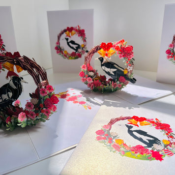 Merry Christmas Australian Magpie Bird & Native Flower Wreath Origami Pop Cards 3D Pop Up Greeting Card Merry Christmas Thank You Handmade Best Wishes Blank Card Gift Happy Holidays Celebrate the Special Day Moment with Family and Friends
