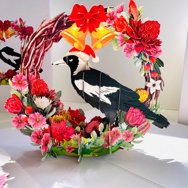 Merry Christmas Australian Magpie Bird & Native Flower Wreath Origami Pop Cards 3D Pop Up Greeting Card Merry Christmas Thank You Handmade Best Wishes Blank Card Gift Happy Holidays Celebrate the Special Day Moment with Family and Friends