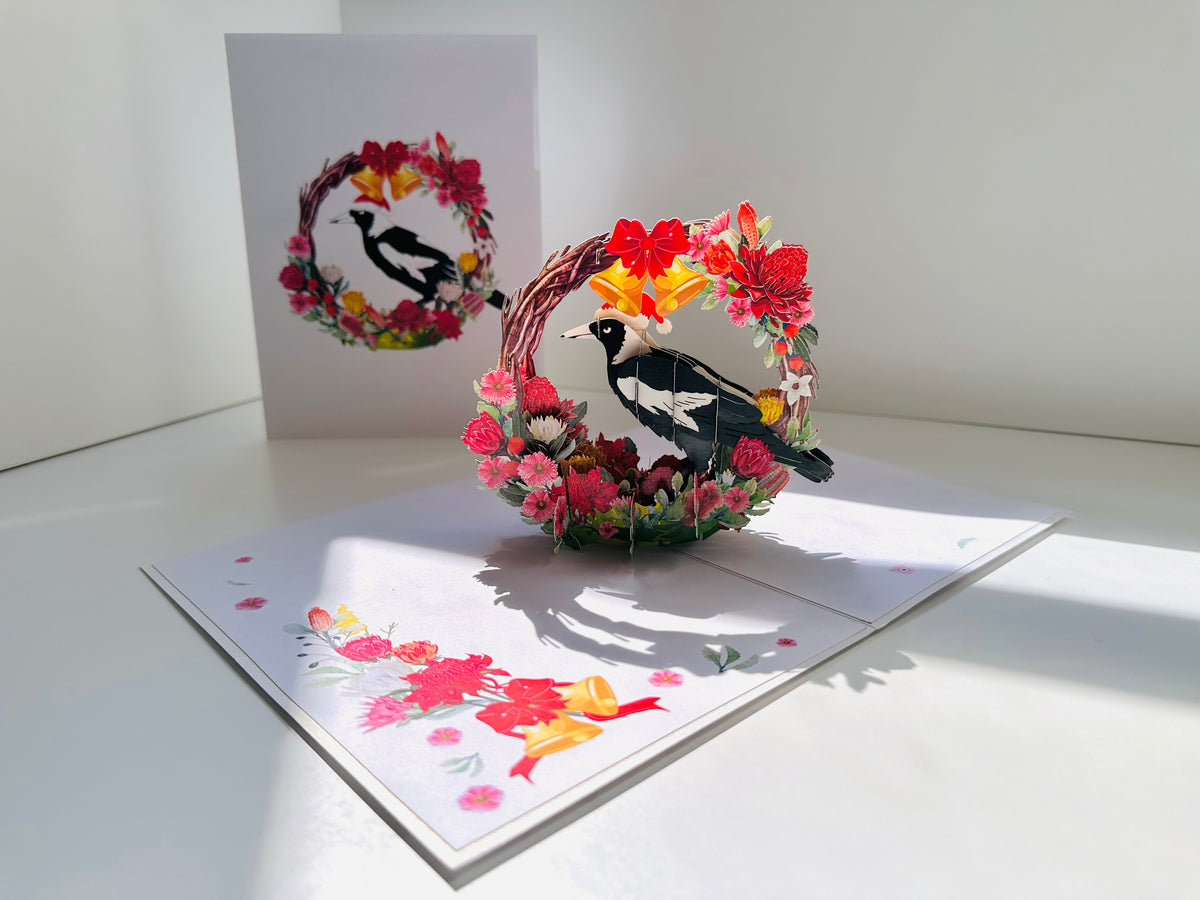 Merry Christmas Australian Magpie Bird & Native Flower Wreath Origami Pop Cards 3D Pop Up Greeting Card Merry Christmas Thank You Handmade Best Wishes Blank Card Gift Happy Holidays Celebrate the Special Day Moment with Family and Friends