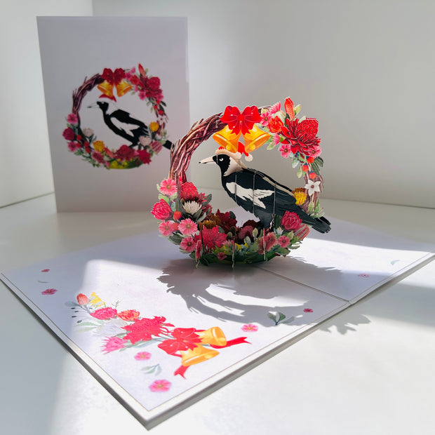 Merry Christmas Australian Magpie Bird & Native Flower Wreath Origami Pop Cards 3D Pop Up Greeting Card Merry Christmas Thank You Handmade Best Wishes Blank Card Gift Happy Holidays Celebrate the Special Day Moment with Family and Friends