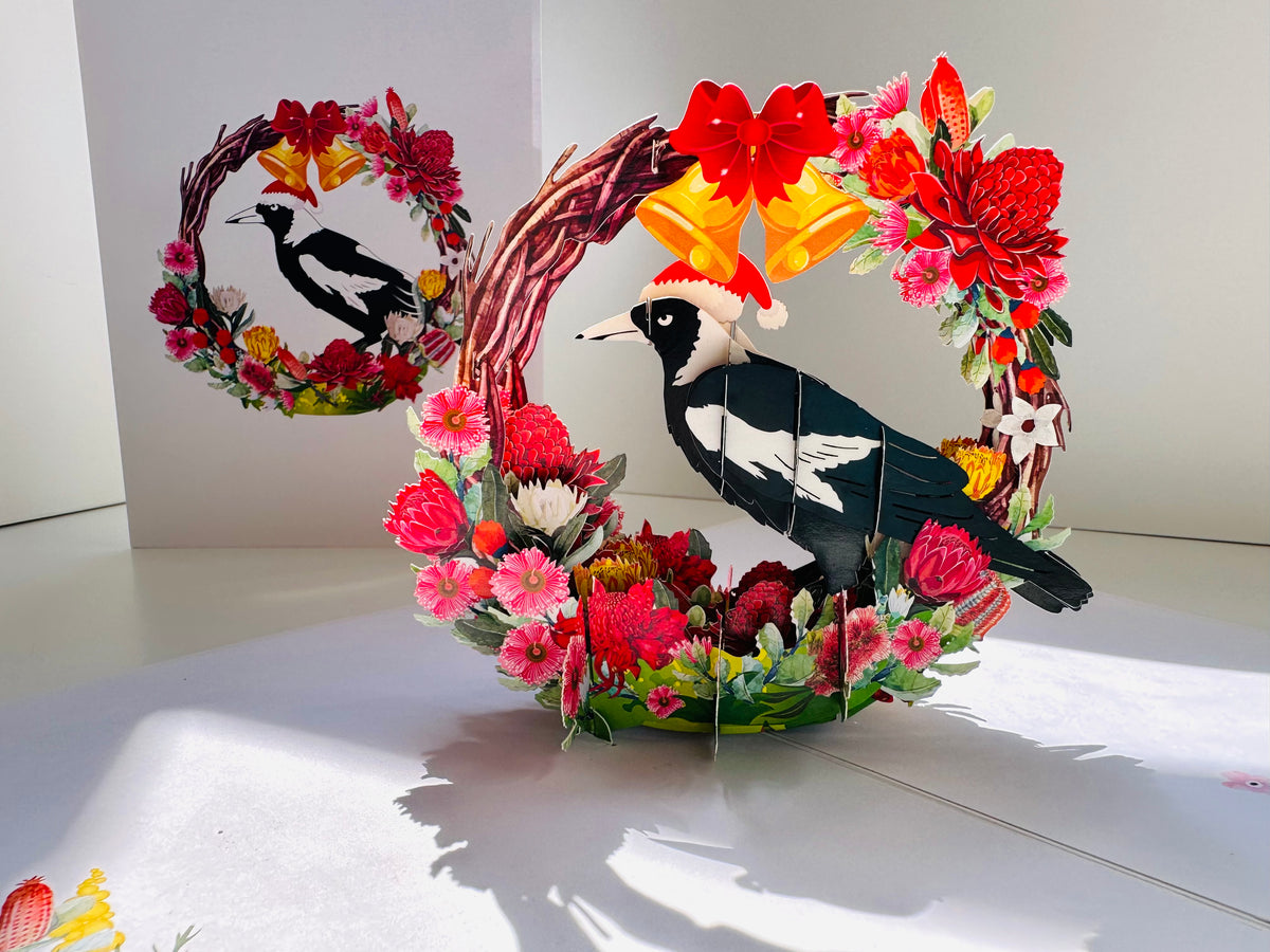 Merry Christmas Australian Magpie Bird & Native Flower Wreath Origami Pop Cards 3D Pop Up Greeting Card Merry Christmas Thank You Handmade Best Wishes Blank Card Gift Happy Holidays Celebrate the Special Day Moment with Family and Friends