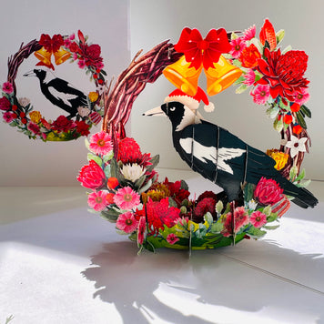 Merry Christmas Australian Magpie Bird & Native Flower Wreath Origami Pop Cards 3D Pop Up Greeting Card Merry Christmas Thank You Handmade Best Wishes Blank Card Gift Happy Holidays Celebrate the Special Day Moment with Family and Friends