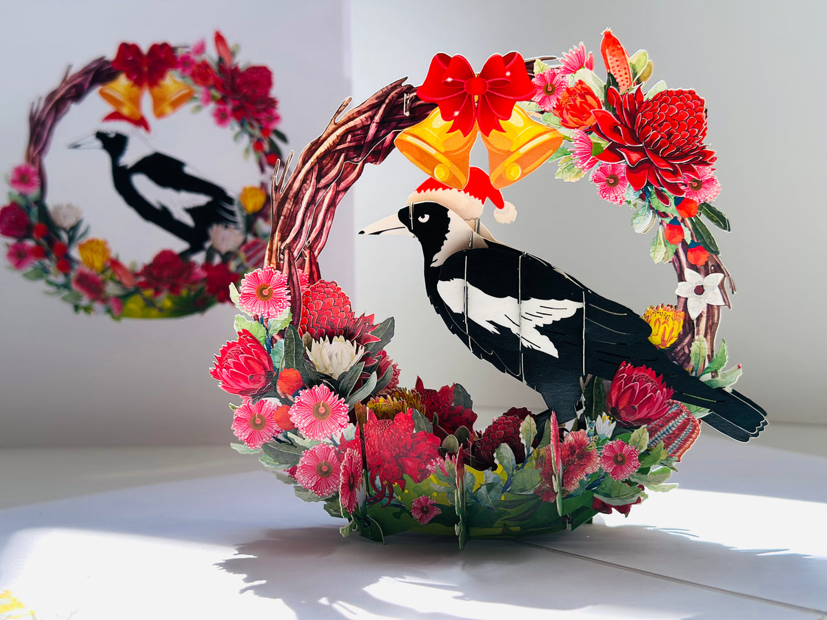 Merry Christmas Australian Magpie Bird & Native Flower Wreath Origami Pop Cards 3D Pop Up Greeting Card Merry Christmas Thank You Handmade Best Wishes Blank Card Gift Happy Holidays Celebrate the Special Day Moment with Family and Friends