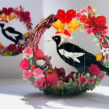 Merry Christmas Australian Magpie Bird & Native Flower Wreath Origami Pop Cards 3D Pop Up Greeting Card Merry Christmas Thank You Handmade Best Wishes Blank Card Gift Happy Holidays Celebrate the Special Day Moment with Family and Friends