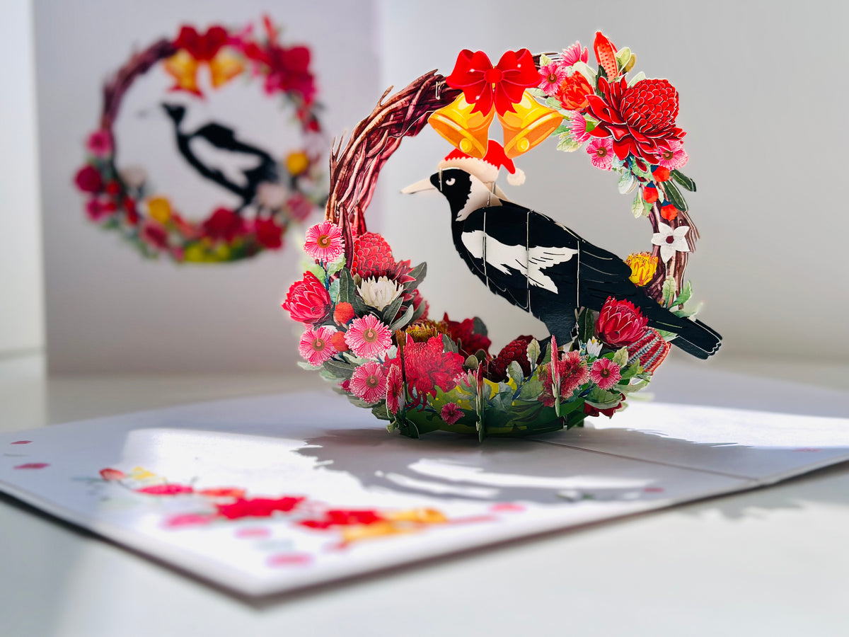 Merry Christmas Australian Magpie Bird & Native Flower Wreath Origami Pop Cards 3D Pop Up Greeting Card Merry Christmas Thank You Handmade Best Wishes Blank Card Gift Happy Holidays Celebrate the Special Day Moment with Family and Friends