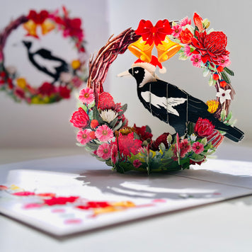 Merry Christmas Australian Magpie Bird & Native Flower Wreath Origami Pop Cards 3D Pop Up Greeting Card Merry Christmas Thank You Handmade Best Wishes Blank Card Gift Happy Holidays Celebrate the Special Day Moment with Family and Friends