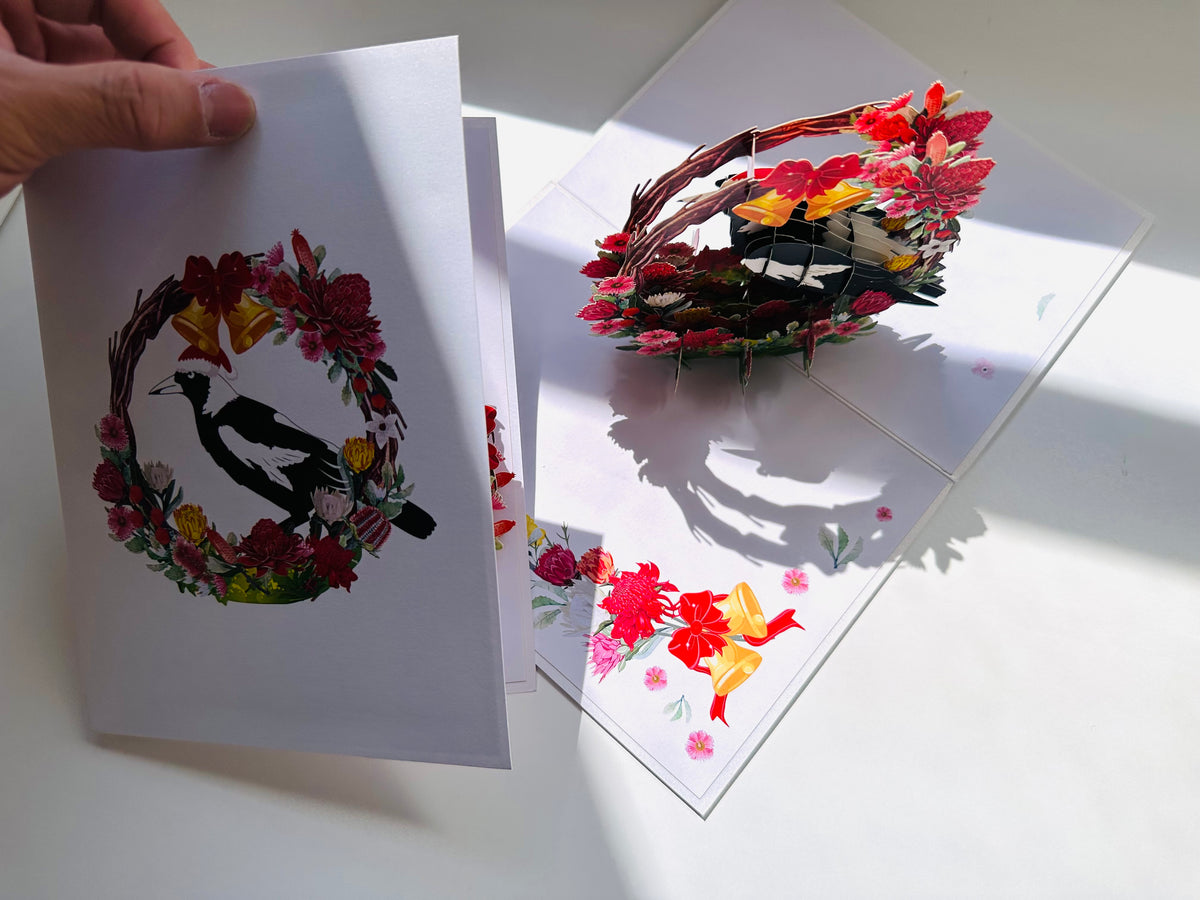 Merry Christmas Australian Magpie Bird & Native Flower Wreath Origami Pop Cards 3D Pop Up Greeting Card Merry Christmas Thank You Handmade Best Wishes Blank Card Gift Happy Holidays Celebrate the Special Day Moment with Family and Friends