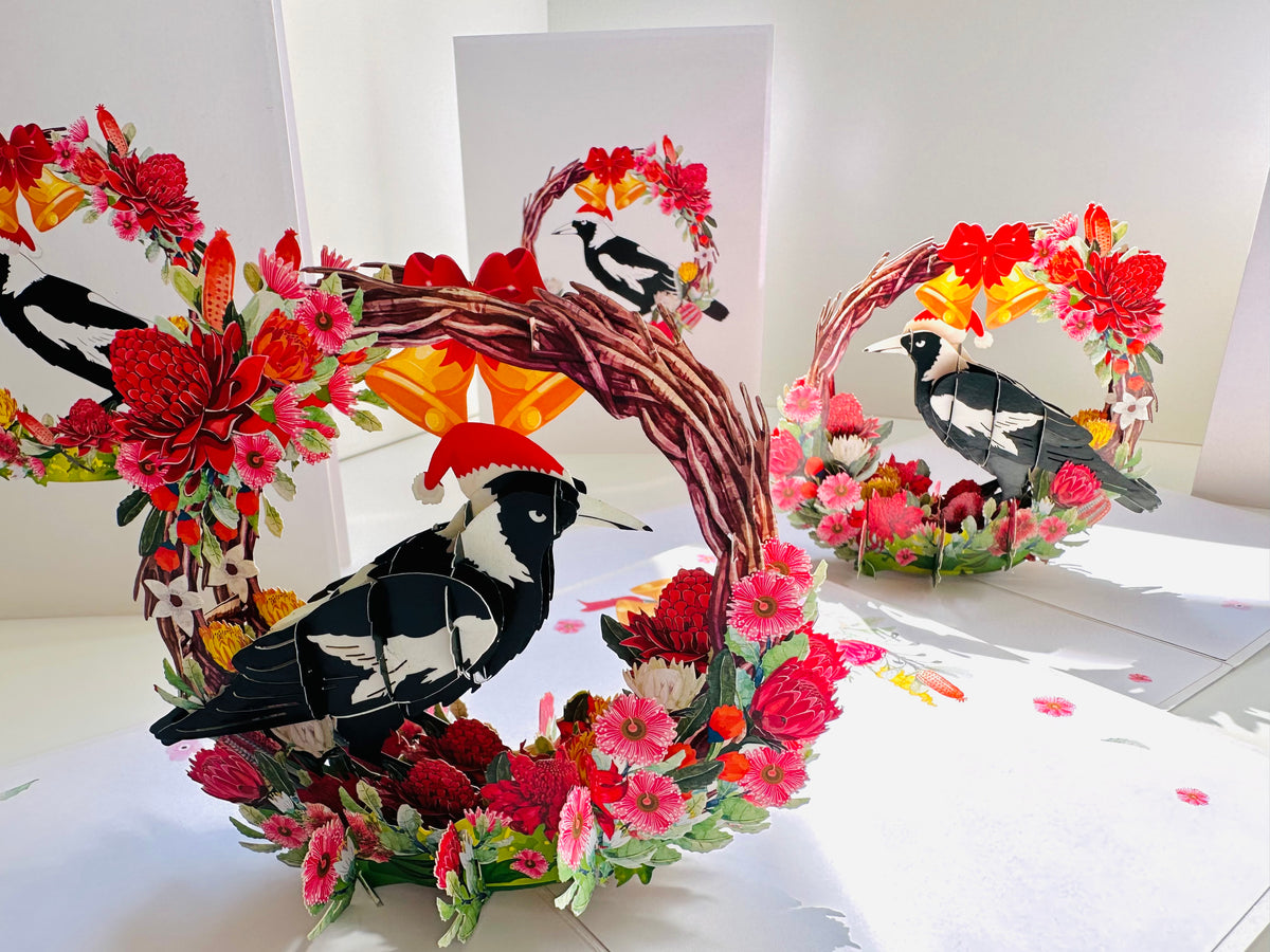 Merry Christmas Australian Magpie Bird & Native Flower Wreath Origami Pop Cards 3D Pop Up Greeting Card Merry Christmas Thank You Handmade Best Wishes Blank Card Gift Happy Holidays Celebrate the Special Day Moment with Family and Friends