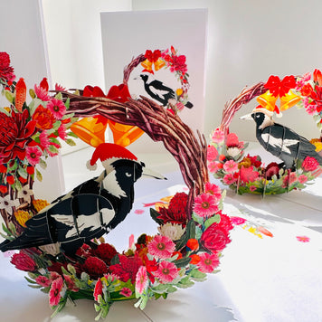 Merry Christmas Australian Magpie Bird & Native Flower Wreath Origami Pop Cards 3D Pop Up Greeting Card Merry Christmas Thank You Handmade Best Wishes Blank Card Gift Happy Holidays Celebrate the Special Day Moment with Family and Friends