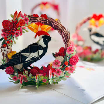 Merry Christmas Australian Magpie Bird & Native Flower Wreath Origami Pop Cards 3D Pop Up Greeting Card Merry Christmas Thank You Handmade Best Wishes Blank Card Gift Happy Holidays Celebrate the Special Day Moment with Family and Friends
