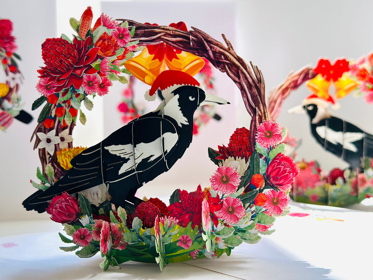Merry Christmas Australian Magpie Bird & Native Flower Wreath Origami Pop Cards 3D Pop Up Greeting Card Merry Christmas Thank You Handmade Best Wishes Blank Card Gift Happy Holidays Celebrate the Special Day Moment with Family and Friends