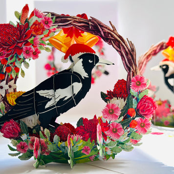 Merry Christmas Australian Magpie Bird & Native Flower Wreath Origami Pop Cards 3D Pop Up Greeting Card Merry Christmas Thank You Handmade Best Wishes Blank Card Gift Happy Holidays Celebrate the Special Day Moment with Family and Friends