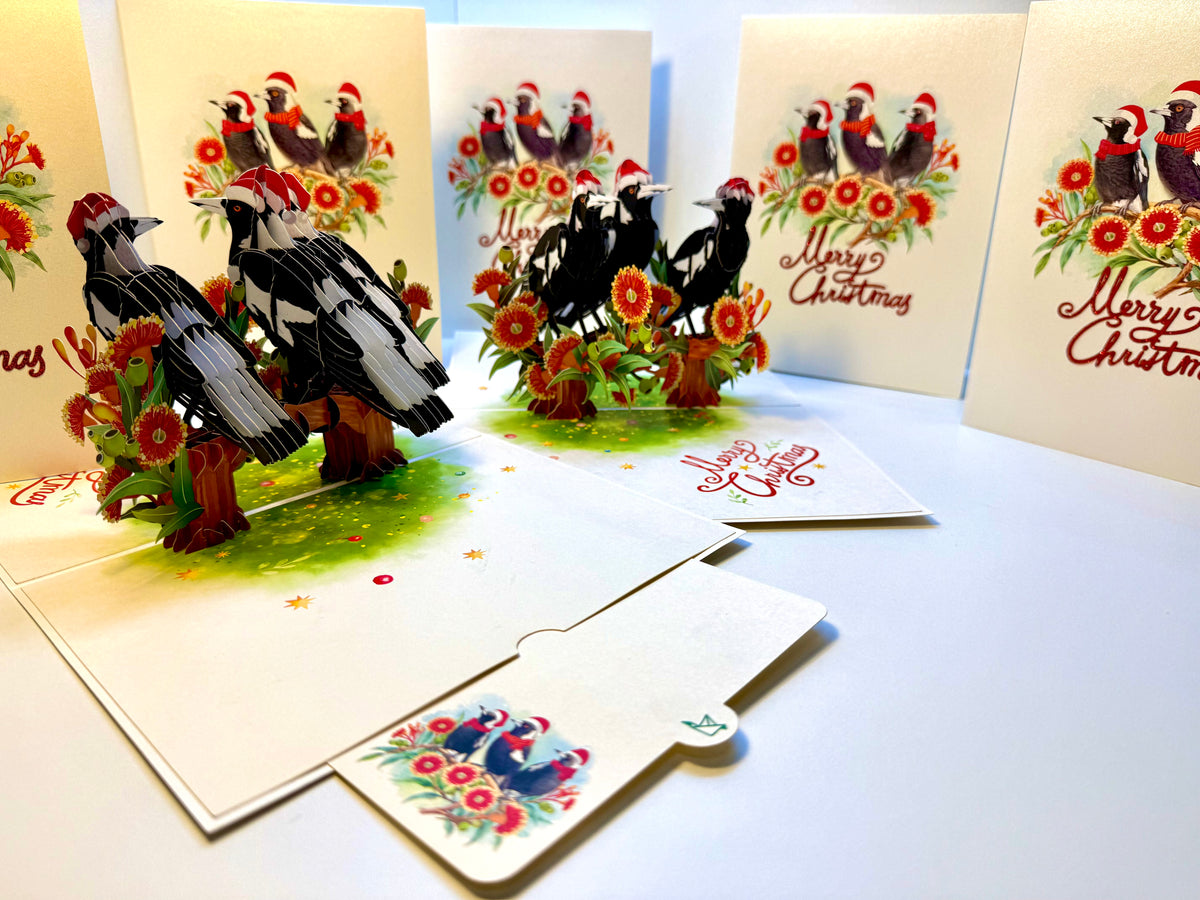 Merry Christmas Australian Magpie Family – Perfect Gift for Aussie Bird Lovers Origami Pop Cards 3D Pop Up Greeting Card Merry Christmas Thank You Handmade Best Wishes Blank Card Gift Happy Holidays Celebrate the Special Day Moment with Family and Friends