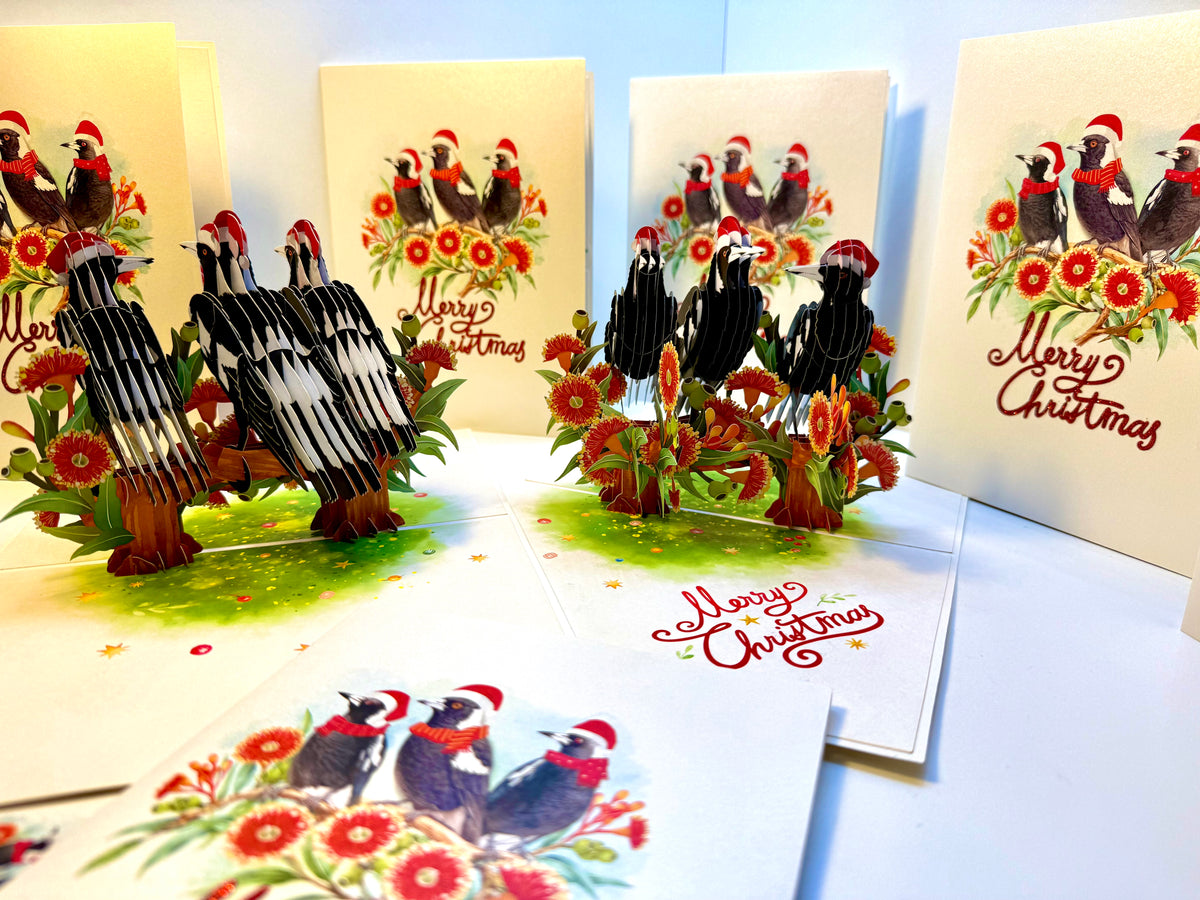 Merry Christmas Australian Magpie Family – Perfect Gift for Aussie Bird Lovers Origami Pop Cards 3D Pop Up Greeting Card Merry Christmas Thank You Handmade Best Wishes Blank Card Gift Happy Holidays Celebrate the Special Day Moment with Family and Friends