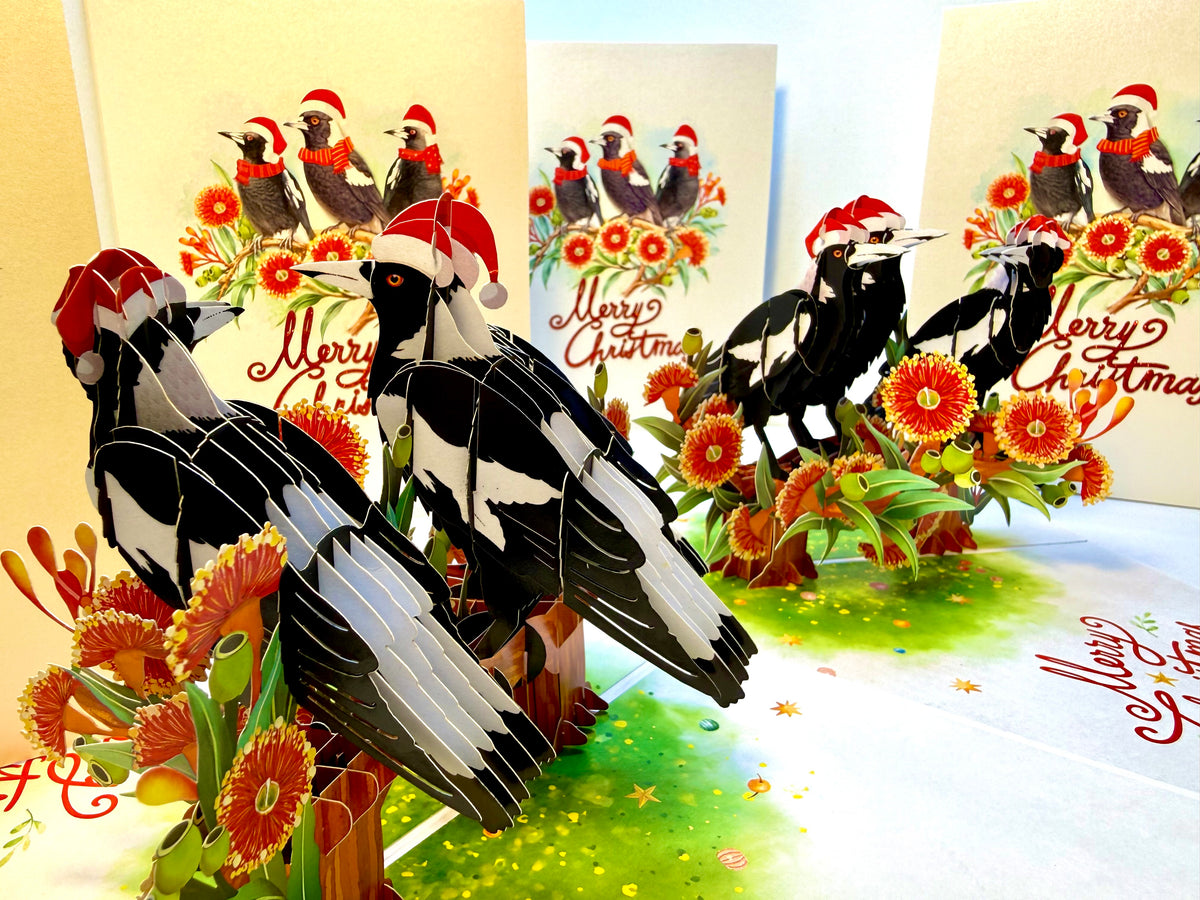 Merry Christmas Australian Magpie Family – Perfect Gift for Aussie Bird Lovers Origami Pop Cards 3D Pop Up Greeting Card Merry Christmas Thank You Handmade Best Wishes Blank Card Gift Happy Holidays Celebrate the Special Day Moment with Family and Friends
