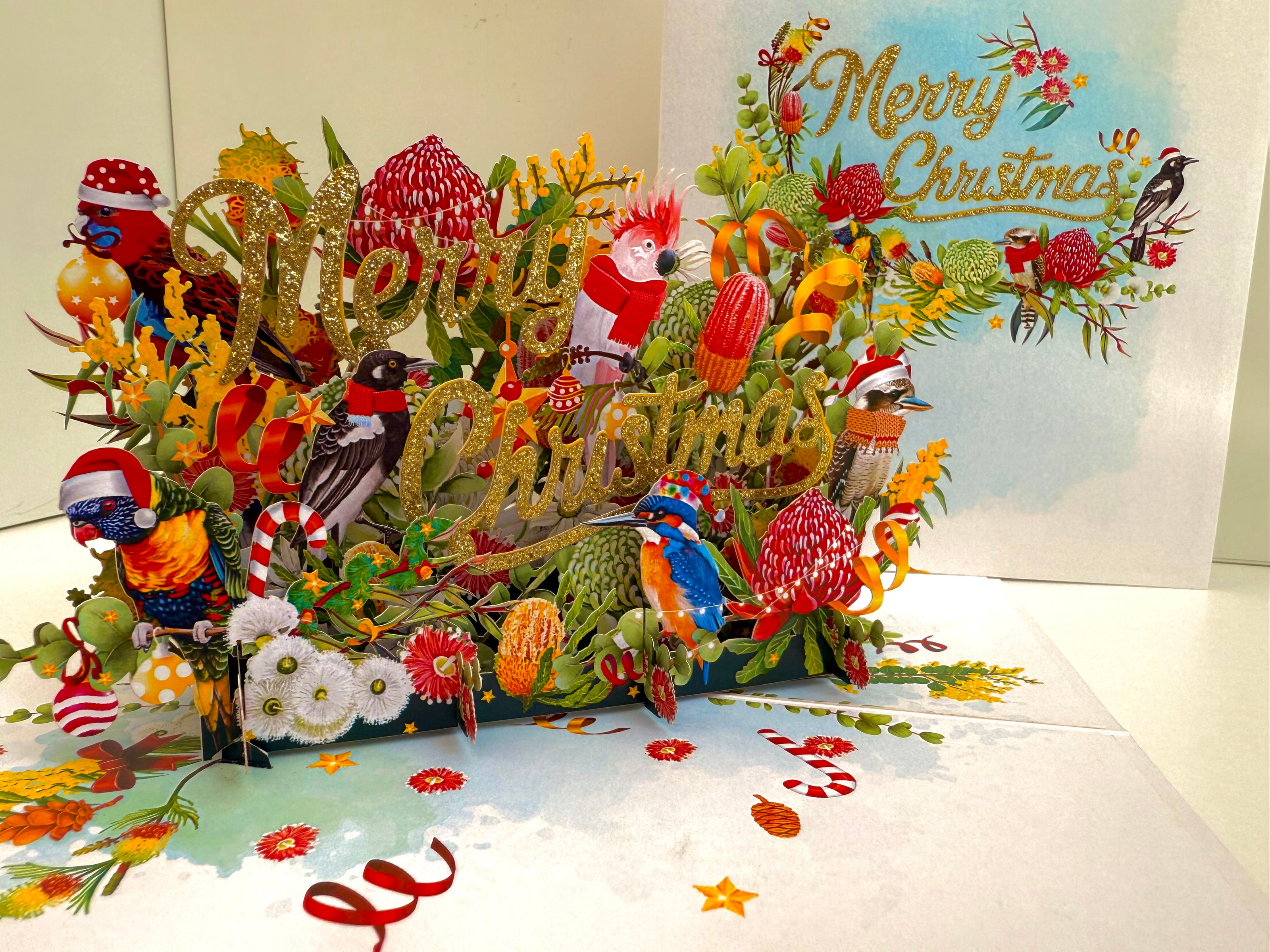 Merry Christmas Australian Native Flower Garden & Birds Origami Pop Cards 3D Pop Up Greeting Card Merry Christmas Thank You Handmade Best Wishes Blank Card Gift Happy Holidays Celebrate the Special Day
