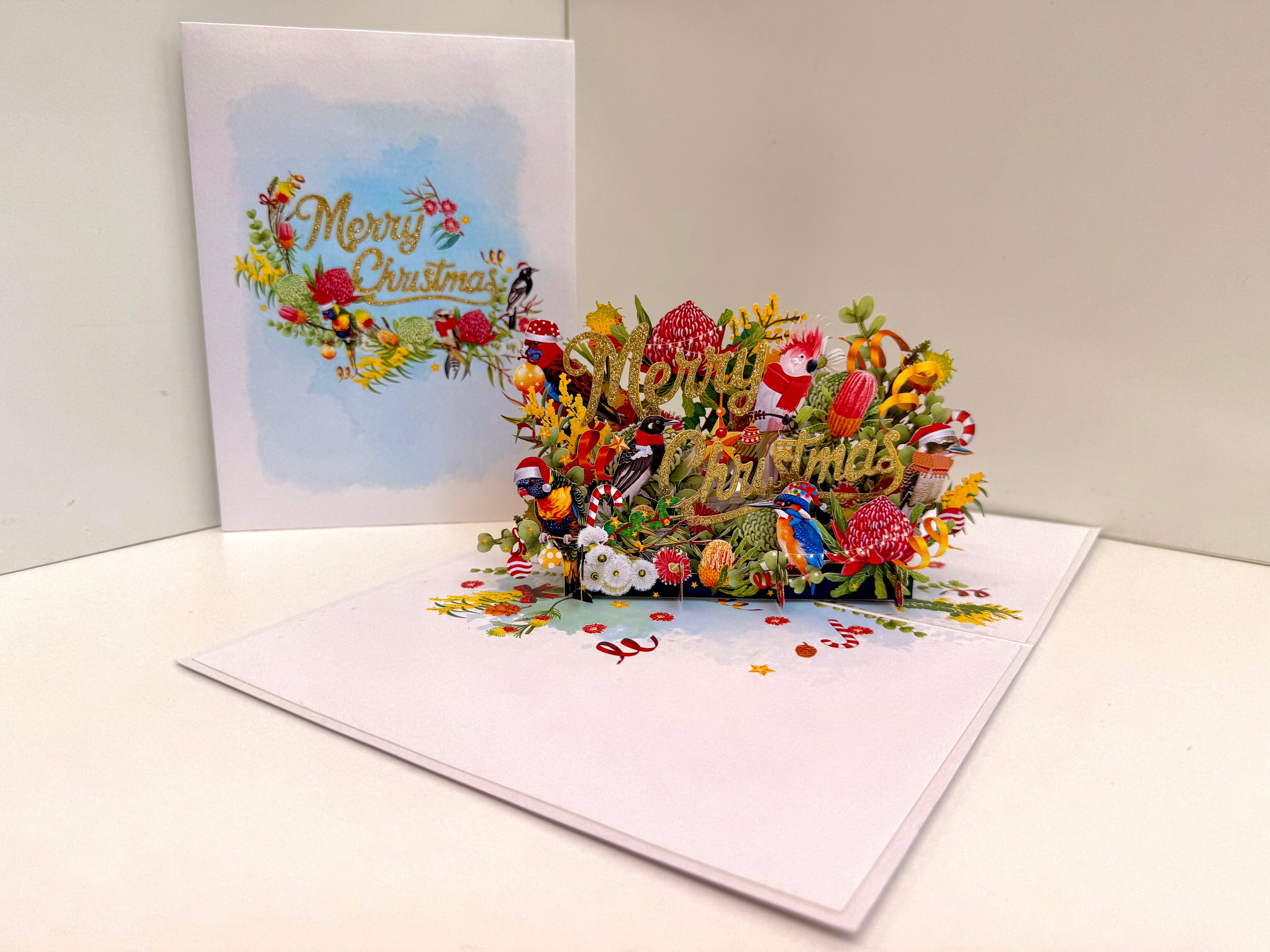 Merry Christmas Australian Native Flower Garden & Birds Origami Pop Cards 3D Pop Up Greeting Card Merry Christmas Thank You Handmade Best Wishes Blank Card Gift Happy Holidays Celebrate the Special Day