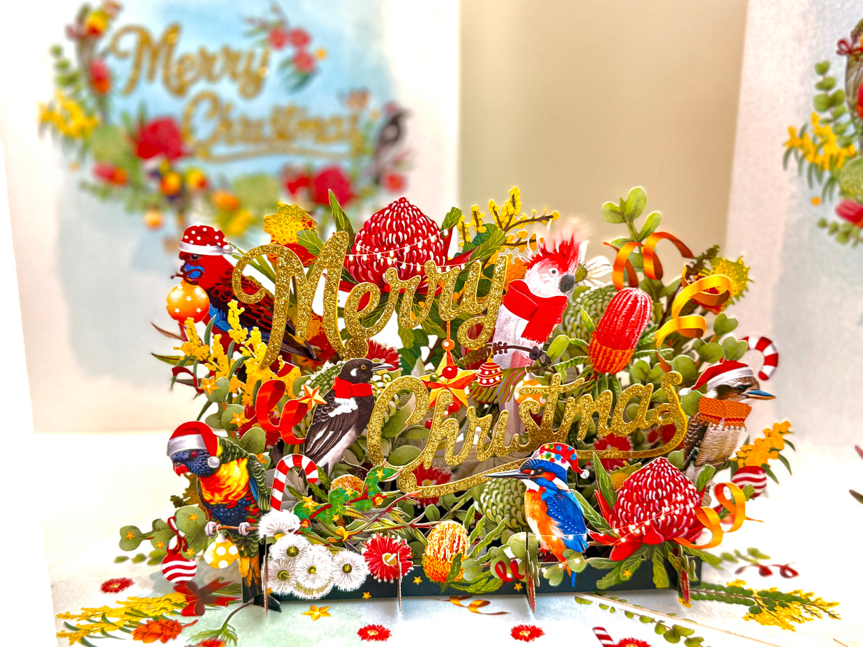 Merry Christmas Australian Native Flower Garden & Birds Origami Pop Cards 3D Pop Up Greeting Card Merry Christmas Thank You Handmade Best Wishes Blank Card Gift Happy Holidays Celebrate the Special Day