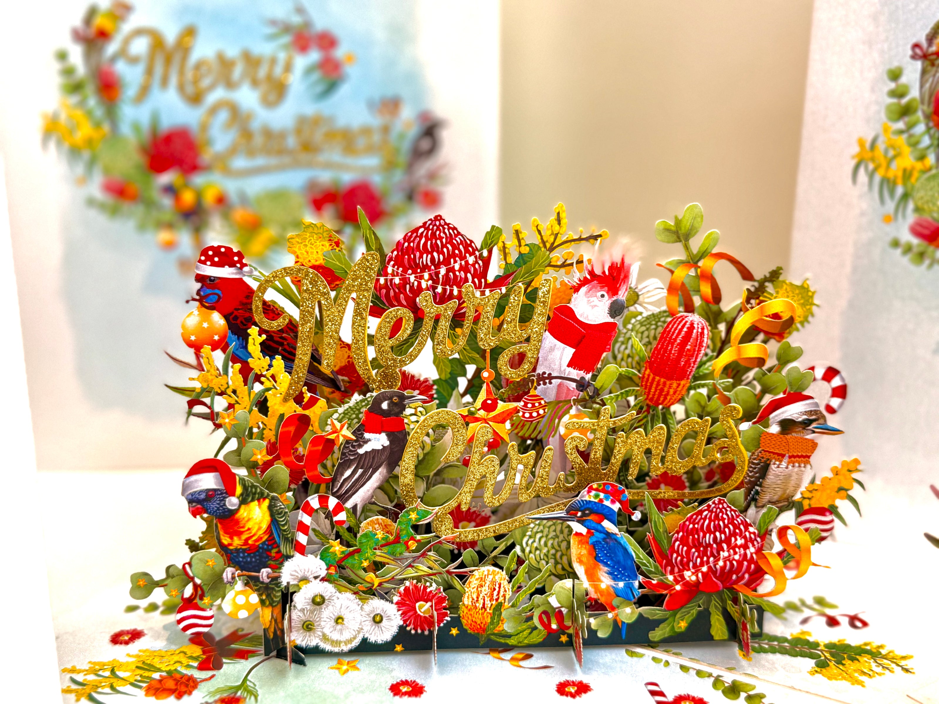Merry Christmas Australian Native Flower Garden & Birds Origami Pop Cards 3D Pop Up Greeting Card Merry Christmas Thank You Handmade Best Wishes Blank Card Gift Happy Holidays Celebrate the Special Day