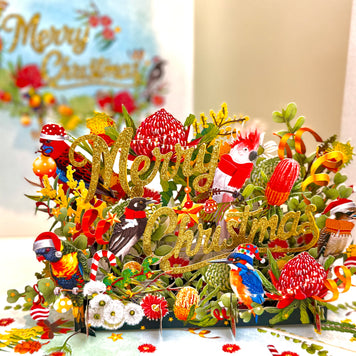 Merry Christmas Australian Native Flower Garden & Birds Origami Pop Cards 3D Pop Up Greeting Card Merry Christmas Thank You Handmade Best Wishes Blank Card Gift Happy Holidays Celebrate the Special Day