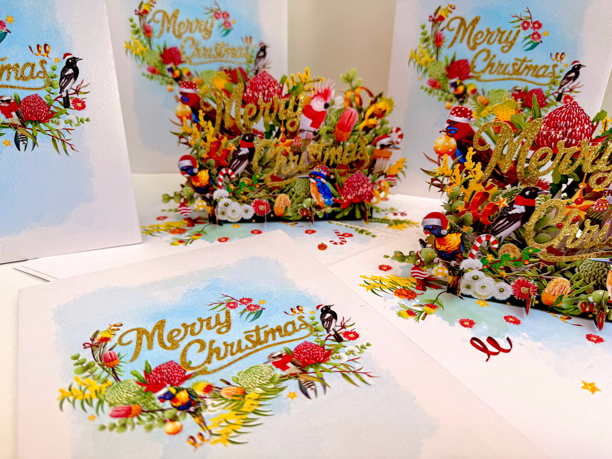 Merry Christmas Australian Native Flower Garden & Birds Origami Pop Cards 3D Pop Up Greeting Card Merry Christmas Thank You Handmade Best Wishes Blank Card Gift Happy Holidays Celebrate the Special Day