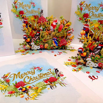 Merry Christmas Australian Native Flower Garden & Birds Origami Pop Cards 3D Pop Up Greeting Card Merry Christmas Thank You Handmade Best Wishes Blank Card Gift Happy Holidays Celebrate the Special Day