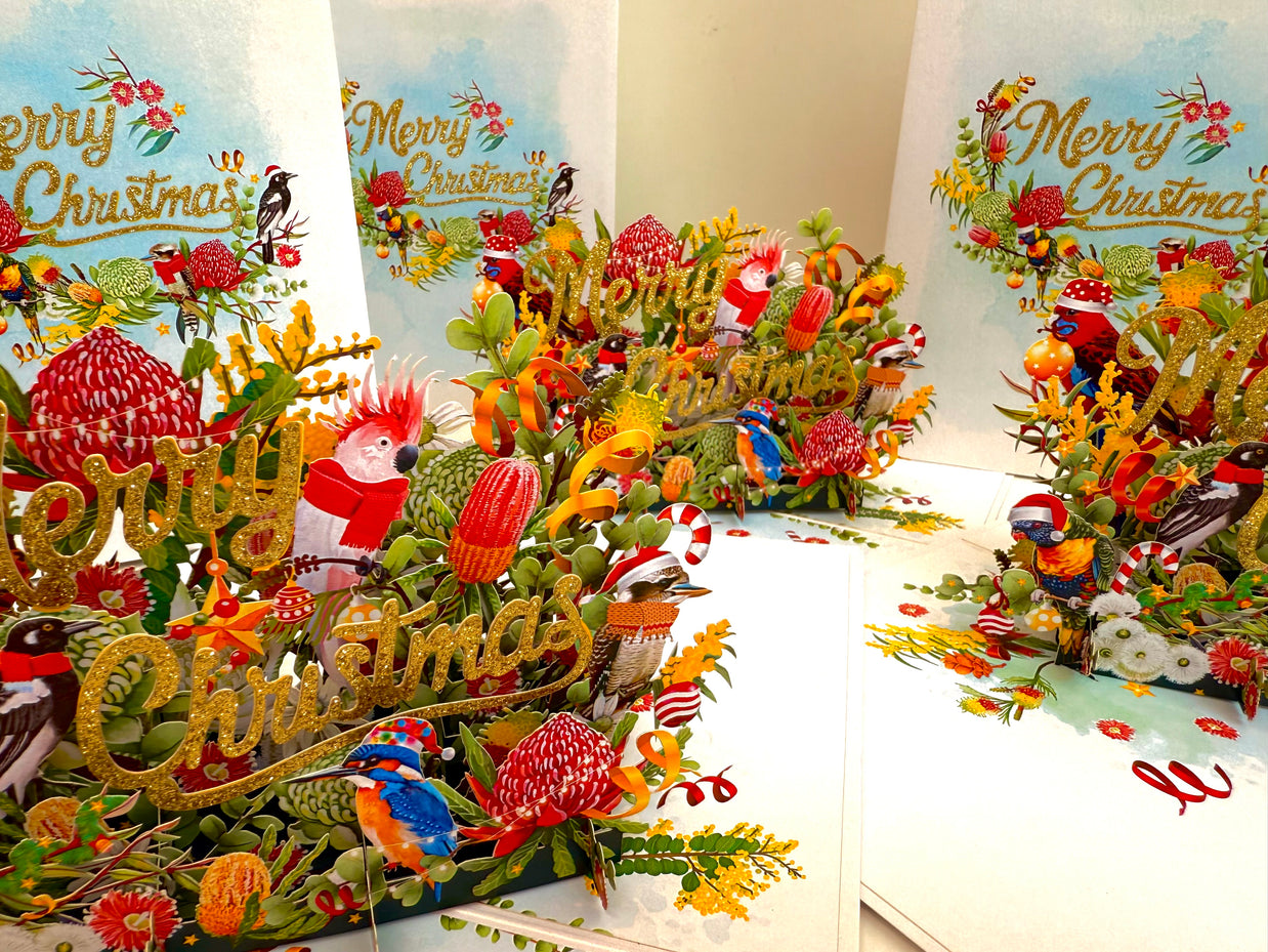 Merry Christmas Australian Native Flower Garden & Birds Origami Pop Cards 3D Pop Up Greeting Card Merry Christmas Thank You Handmade Best Wishes Blank Card Gift Happy Holidays Celebrate the Special Day