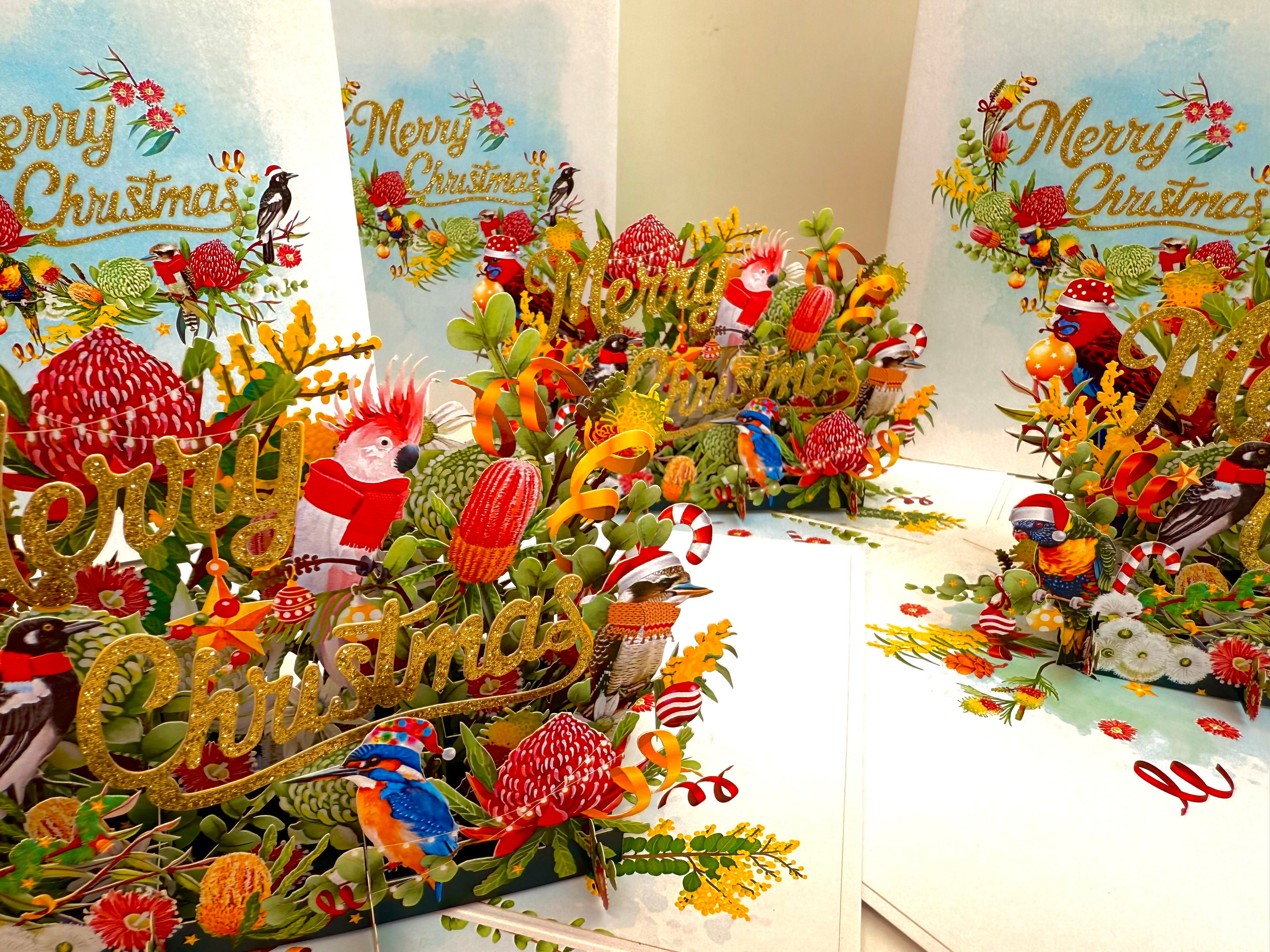 Merry Christmas Australian Native Flower Garden & Birds Origami Pop Cards 3D Pop Up Greeting Card Merry Christmas Thank You Handmade Best Wishes Blank Card Gift Happy Holidays Celebrate the Special Day