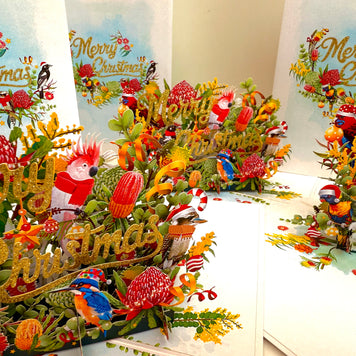 Merry Christmas Australian Native Flower Garden & Birds Origami Pop Cards 3D Pop Up Greeting Card Merry Christmas Thank You Handmade Best Wishes Blank Card Gift Happy Holidays Celebrate the Special Day