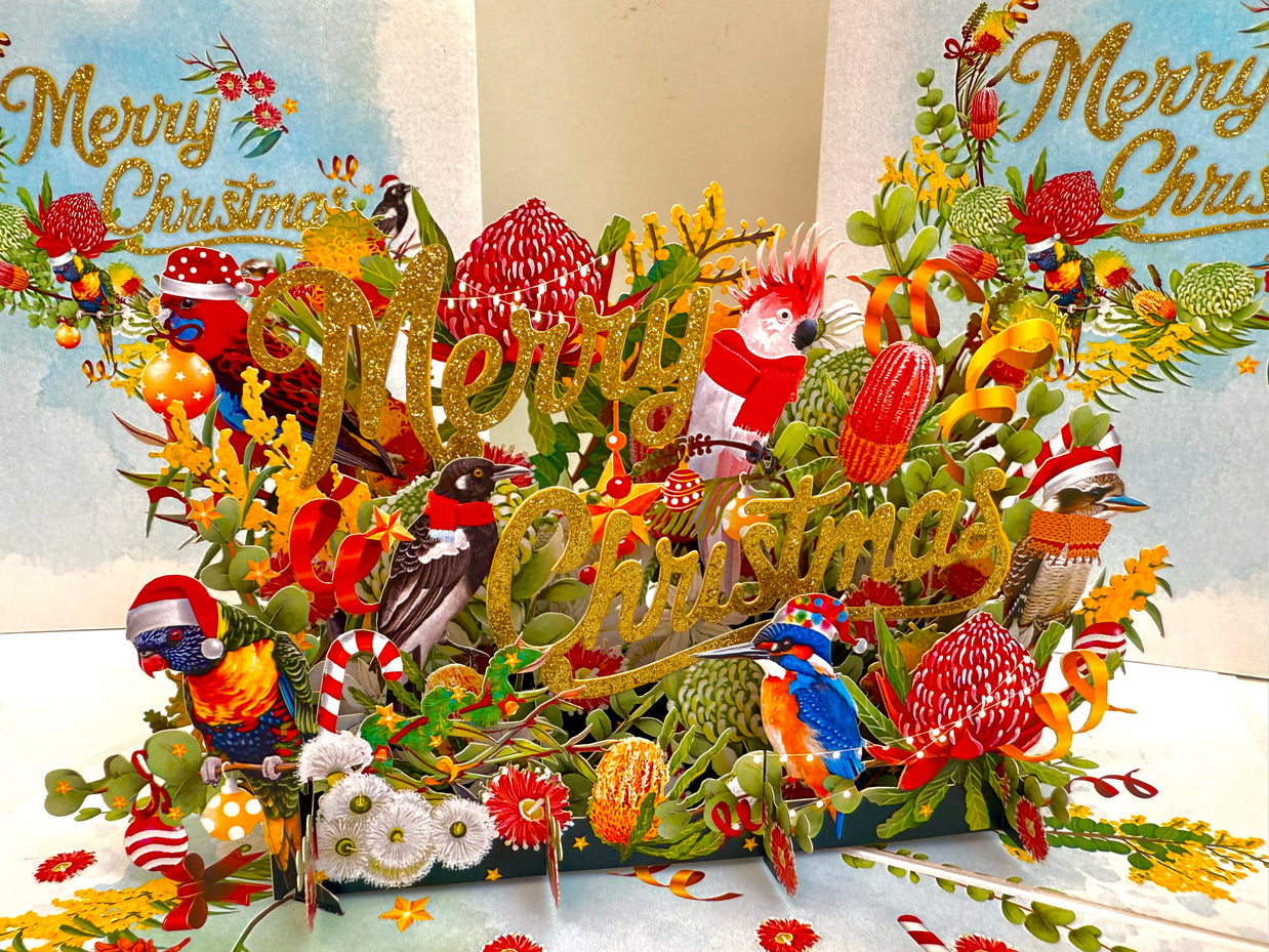 Merry Christmas Australian Native Flower Garden & Birds Origami Pop Cards 3D Pop Up Greeting Card Merry Christmas Thank You Handmade Best Wishes Blank Card Gift Happy Holidays Celebrate the Special Day