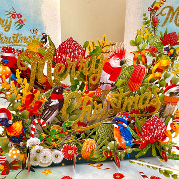 Merry Christmas Australian Native Flower Garden & Birds Origami Pop Cards 3D Pop Up Greeting Card Merry Christmas Thank You Handmade Best Wishes Blank Card Gift Happy Holidays Celebrate the Special Day