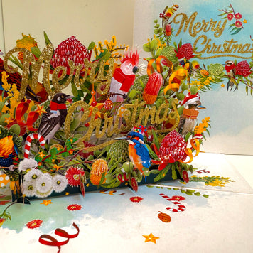 Merry Christmas Australian Native Flower Garden & Birds Origami Pop Cards 3D Pop Up Greeting Card Merry Christmas Thank You Handmade Best Wishes Blank Card Gift Happy Holidays Celebrate the Special Day