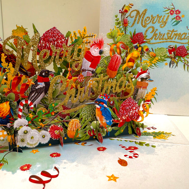 Merry Christmas Australian Native Flower Garden & Birds Origami Pop Cards 3D Pop Up Greeting Card Merry Christmas Thank You Handmade Best Wishes Blank Card Gift Happy Holidays Celebrate the Special Day