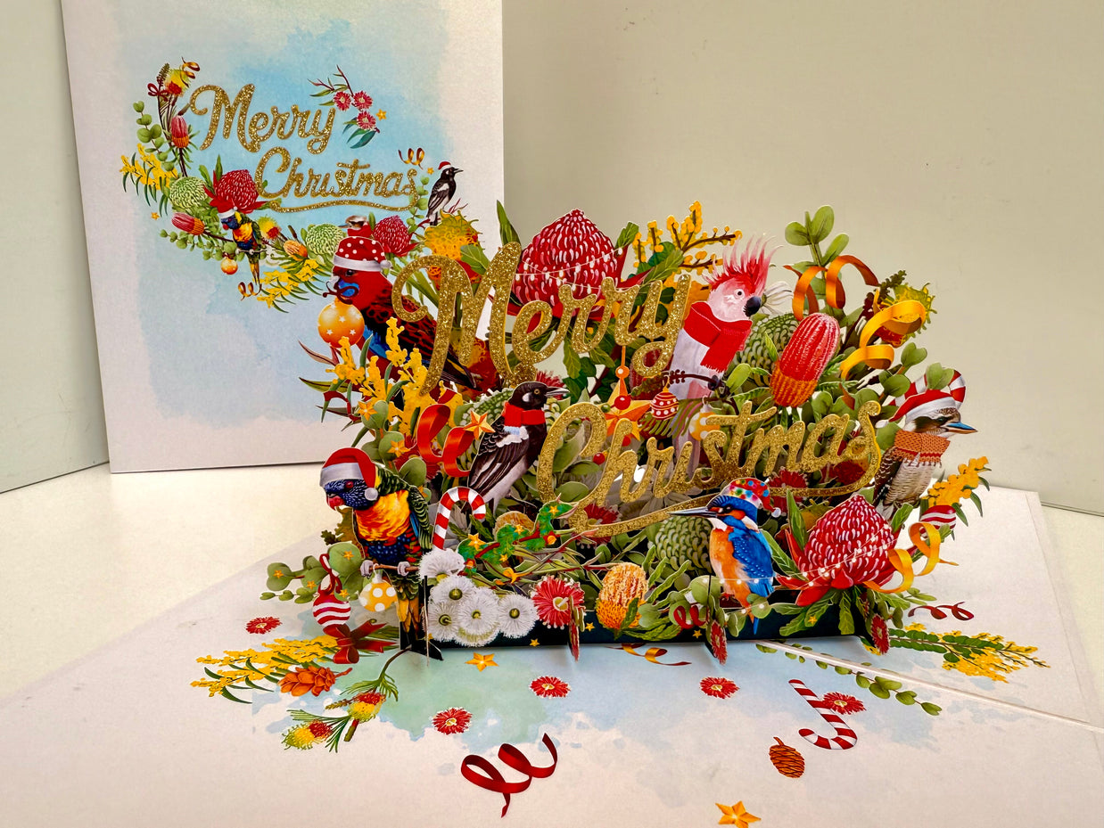Merry Christmas Australian Native Flower Garden & Birds Origami Pop Cards 3D Pop Up Greeting Card Merry Christmas Thank You Handmade Best Wishes Blank Card Gift Happy Holidays Celebrate the Special Day