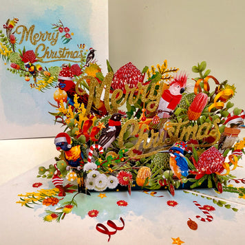 Merry Christmas Australian Native Flower Garden & Birds Origami Pop Cards 3D Pop Up Greeting Card Merry Christmas Thank You Handmade Best Wishes Blank Card Gift Happy Holidays Celebrate the Special Day