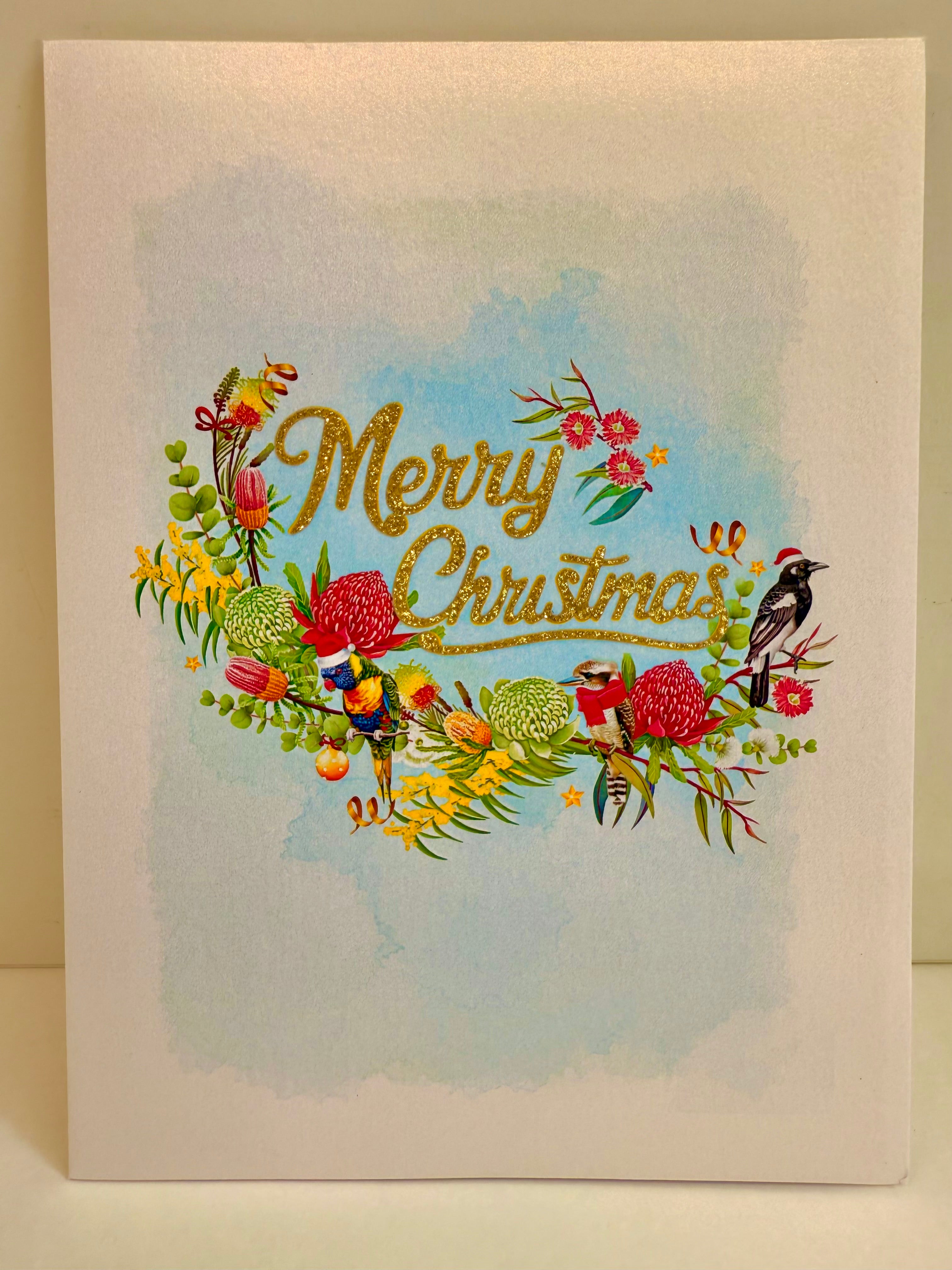Merry Christmas Australian Native Flower Garden & Birds Origami Pop Cards 3D Pop Up Greeting Card Merry Christmas Thank You Handmade Best Wishes Blank Card Gift Happy Holidays Celebrate the Special Day