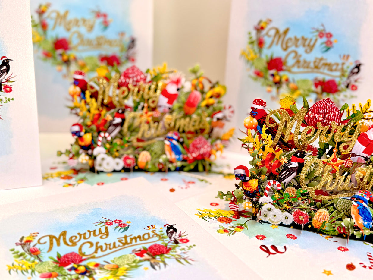 Merry Christmas Australian Native Flower Garden & Birds Origami Pop Cards 3D Pop Up Greeting Card Merry Christmas Thank You Handmade Best Wishes Blank Card Gift Happy Holidays Celebrate the Special Day