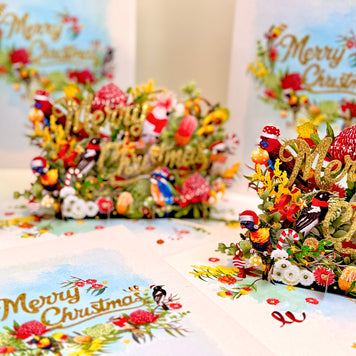Merry Christmas Australian Native Flower Garden & Birds Origami Pop Cards 3D Pop Up Greeting Card Merry Christmas Thank You Handmade Best Wishes Blank Card Gift Happy Holidays Celebrate the Special Day