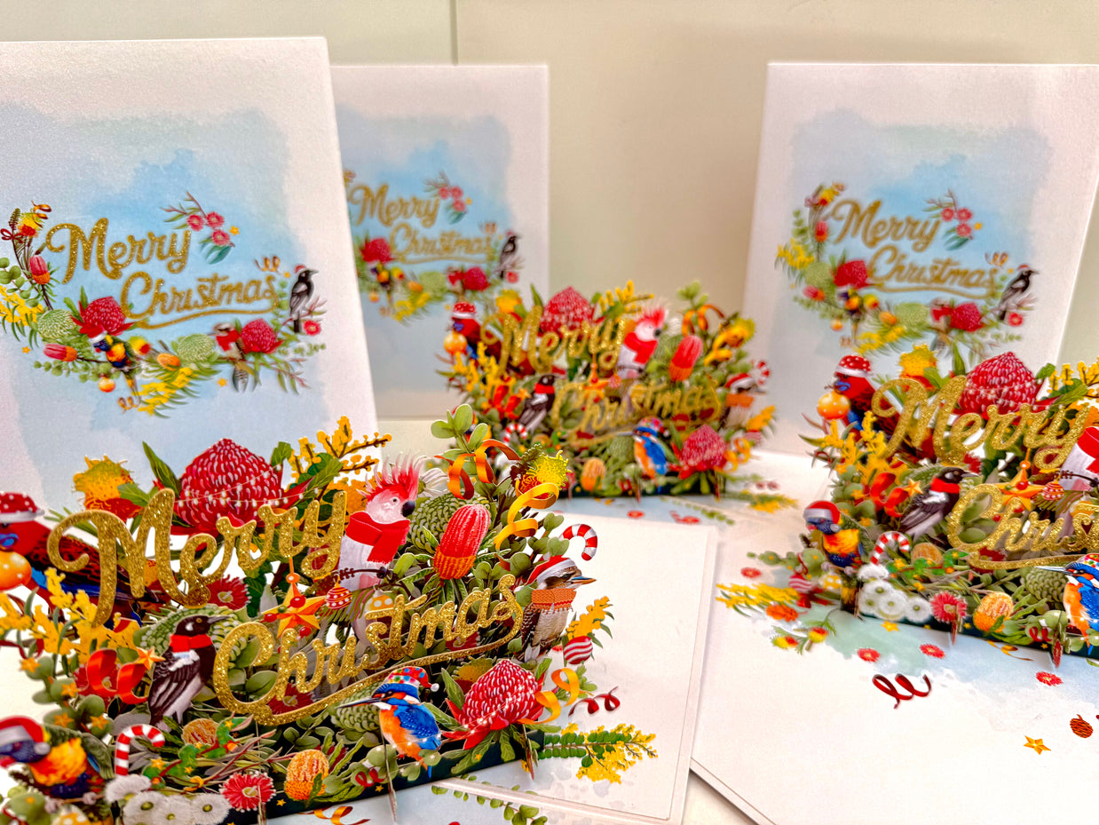 Merry Christmas Australian Native Flower Garden & Birds Origami Pop Cards 3D Pop Up Greeting Card Merry Christmas Thank You Handmade Best Wishes Blank Card Gift Happy Holidays Celebrate the Special Day