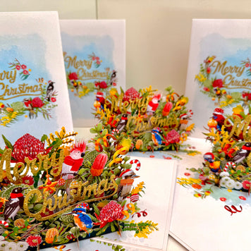 Merry Christmas Australian Native Flower Garden & Birds Origami Pop Cards 3D Pop Up Greeting Card Merry Christmas Thank You Handmade Best Wishes Blank Card Gift Happy Holidays Celebrate the Special Day