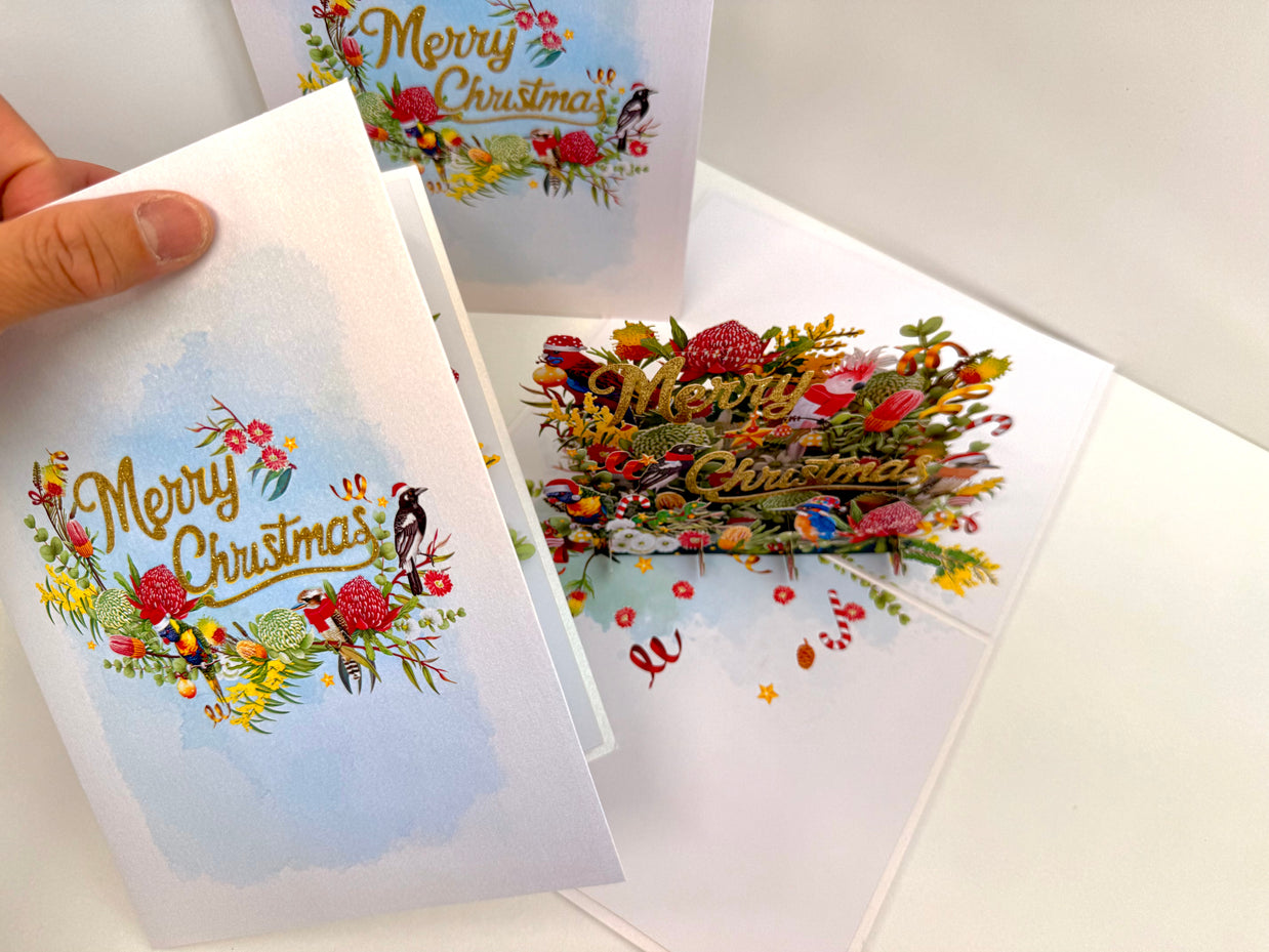 Merry Christmas Australian Native Flower Garden & Birds Origami Pop Cards 3D Pop Up Greeting Card Merry Christmas Thank You Handmade Best Wishes Blank Card Gift Happy Holidays Celebrate the Special Day