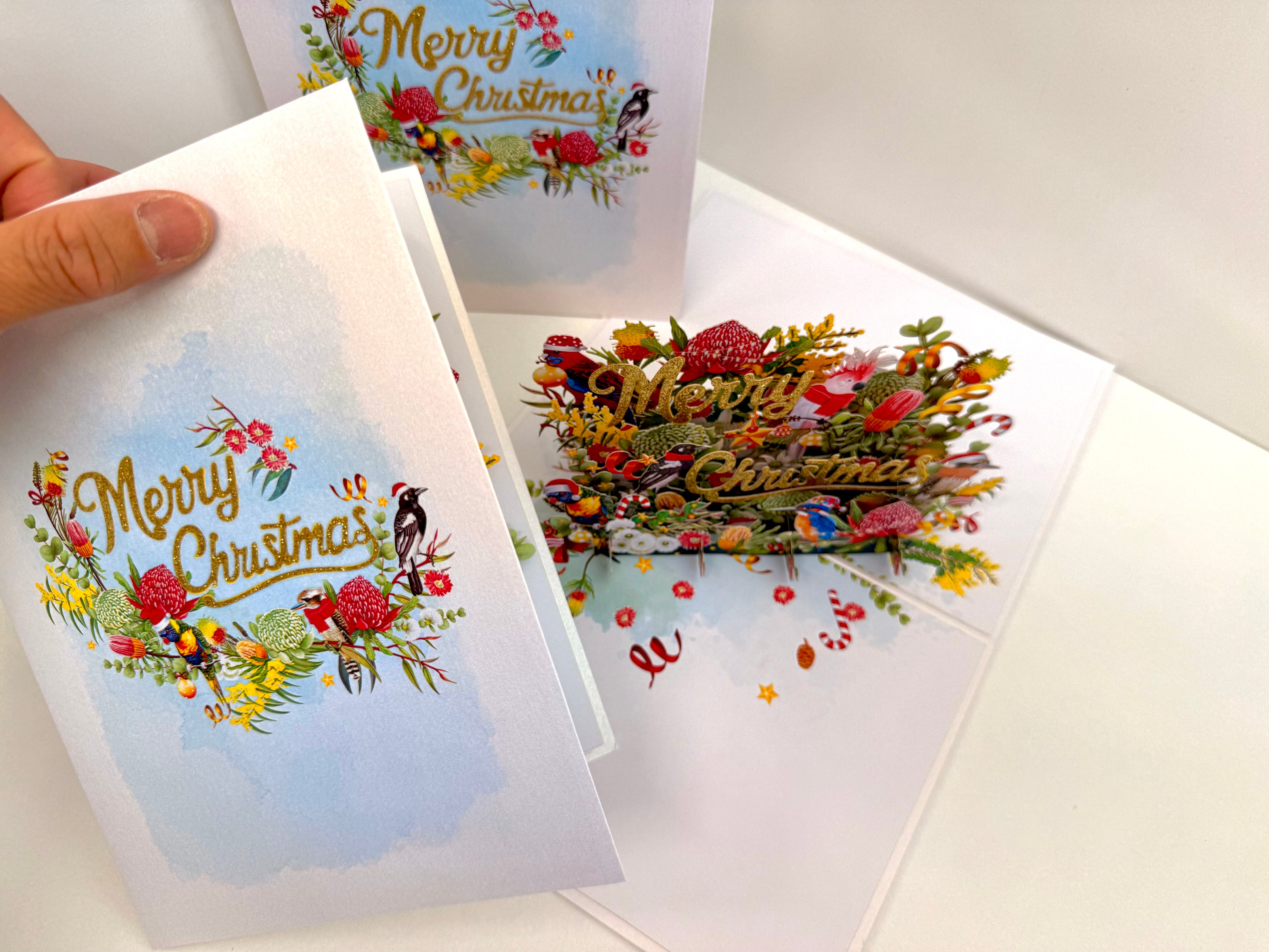 Merry Christmas Australian Native Flower Garden & Birds Origami Pop Cards 3D Pop Up Greeting Card Merry Christmas Thank You Handmade Best Wishes Blank Card Gift Happy Holidays Celebrate the Special Day