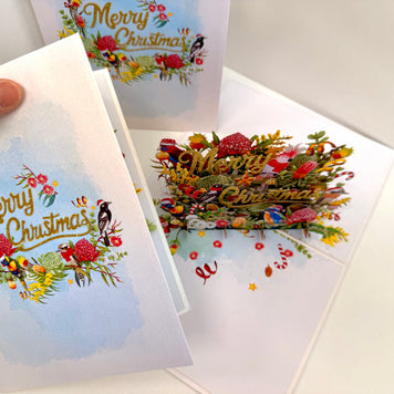 Merry Christmas Australian Native Flower Garden & Birds Origami Pop Cards 3D Pop Up Greeting Card Merry Christmas Thank You Handmade Best Wishes Blank Card Gift Happy Holidays Celebrate the Special Day