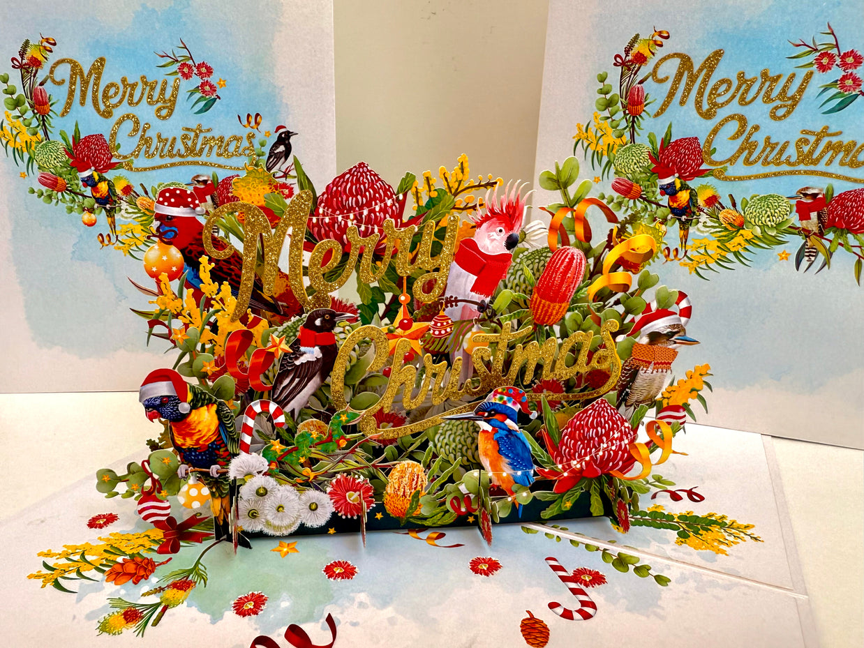 Merry Christmas Australian Native Flower Garden & Birds Origami Pop Cards 3D Pop Up Greeting Card Merry Christmas Thank You Handmade Best Wishes Blank Card Gift Happy Holidays Celebrate the Special Day