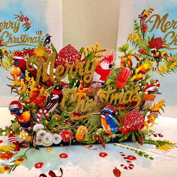 Merry Christmas Australian Native Flower Garden & Birds Origami Pop Cards 3D Pop Up Greeting Card Merry Christmas Thank You Handmade Best Wishes Blank Card Gift Happy Holidays Celebrate the Special Day