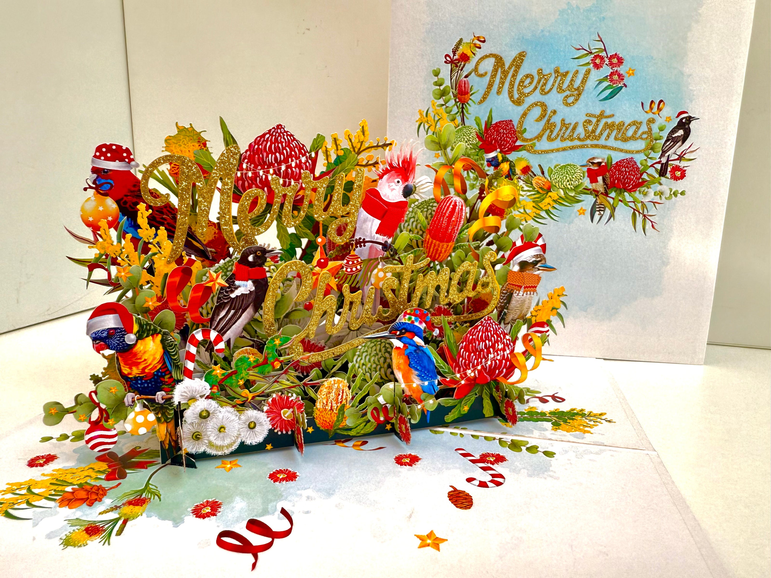 Merry Christmas Australian Native Flower Garden & Birds Origami Pop Cards 3D Pop Up Greeting Card Merry Christmas Thank You Handmade Best Wishes Blank Card Gift Happy Holidays Celebrate the Special Day