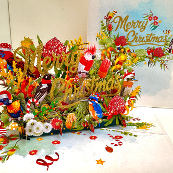 Merry Christmas Australian Native Flower Garden & Birds Origami Pop Cards 3D Pop Up Greeting Card Merry Christmas Thank You Handmade Best Wishes Blank Card Gift Happy Holidays Celebrate the Special Day