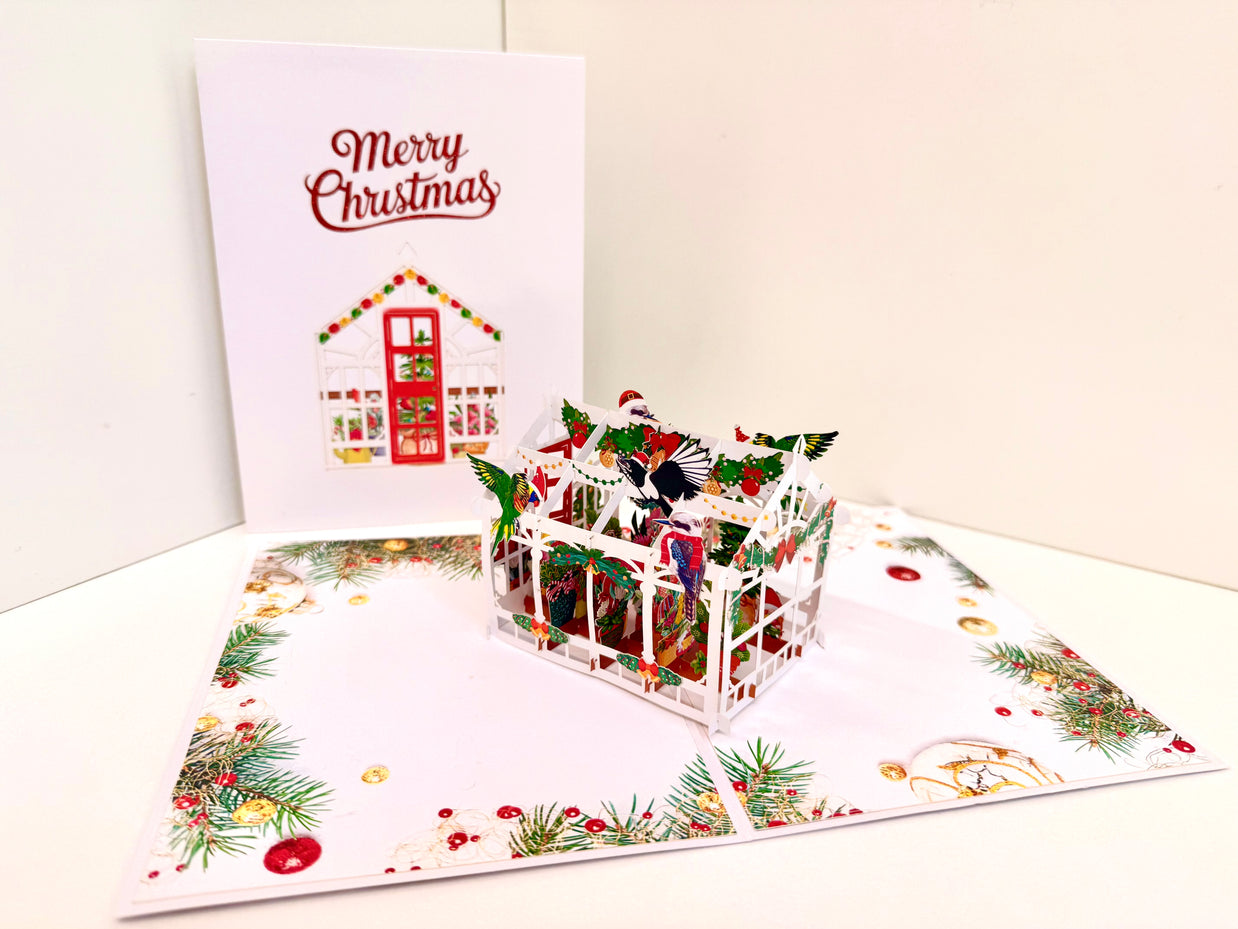 Merry Christmas Australian Native Flower Greenhouse & Birds Origami Pop Cards 3D Pop Up Greeting Card Merry Christmas Thank You Handmade Best Wishes Blank Card Gift Happy Holidays Celebrate the Special Day