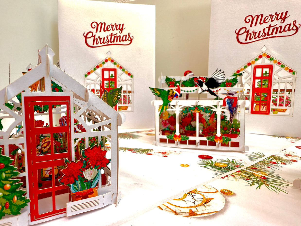 Merry Christmas Australian Native Flower Greenhouse & Birds Origami Pop Cards 3D Pop Up Greeting Card Merry Christmas Thank You Handmade Best Wishes Blank Card Gift Happy Holidays Celebrate the Special Day